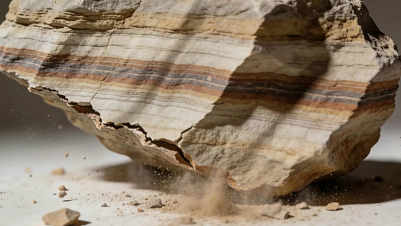 Eine sich verbreiternde Spalte lässt geschichtetes Sedimentgestein Splitter und Staub auf eine helle Studiotischplatte abwerfen.