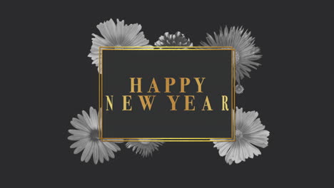 happy new year with summer flowers on gold frame