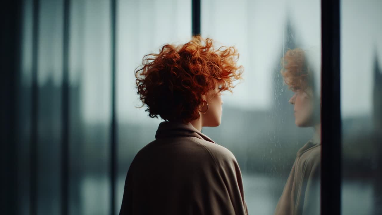 A Contemplative Moment: A Young Person with Curly Red Hair Gazes Out a Rainy Window, Reflecting on Thoughts and Memories as Raindrops Decorate the Glass
