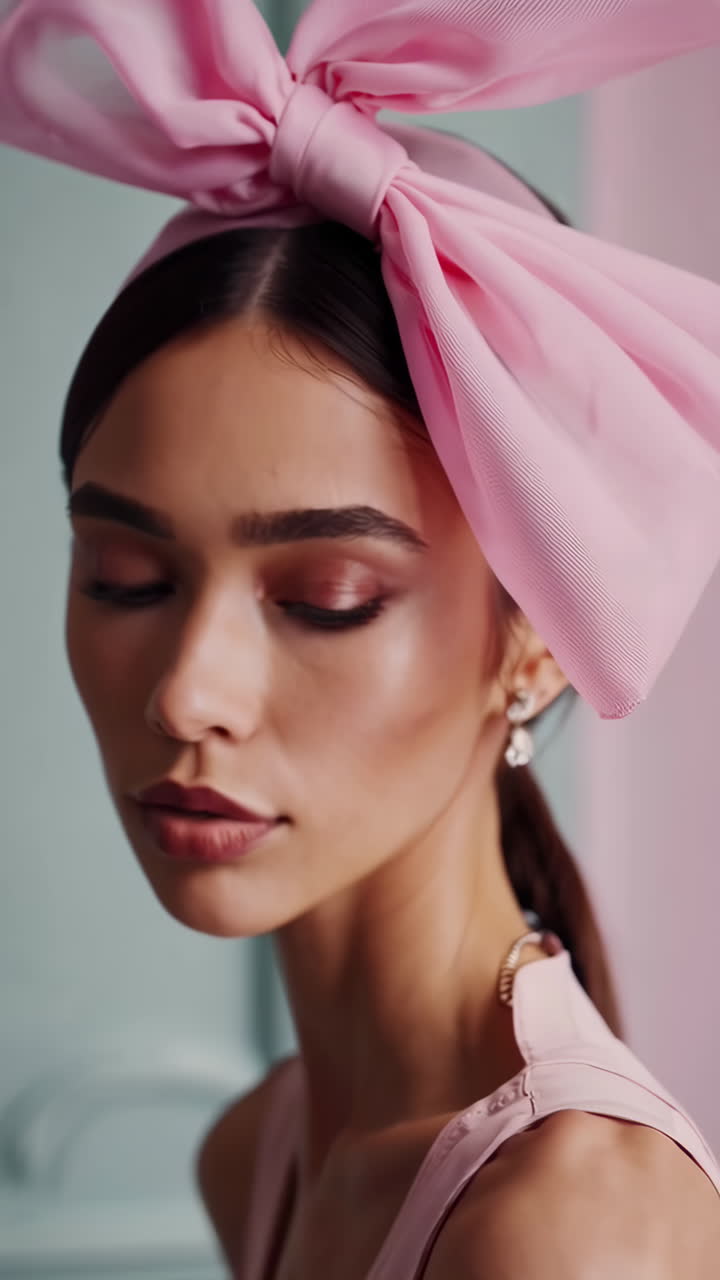 Donna elegante con cerchietto a fiocco rosa