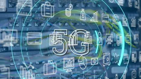 Animation-Von-5G-Text,-Digitale-Datenverarbeitung-über-Computerserver