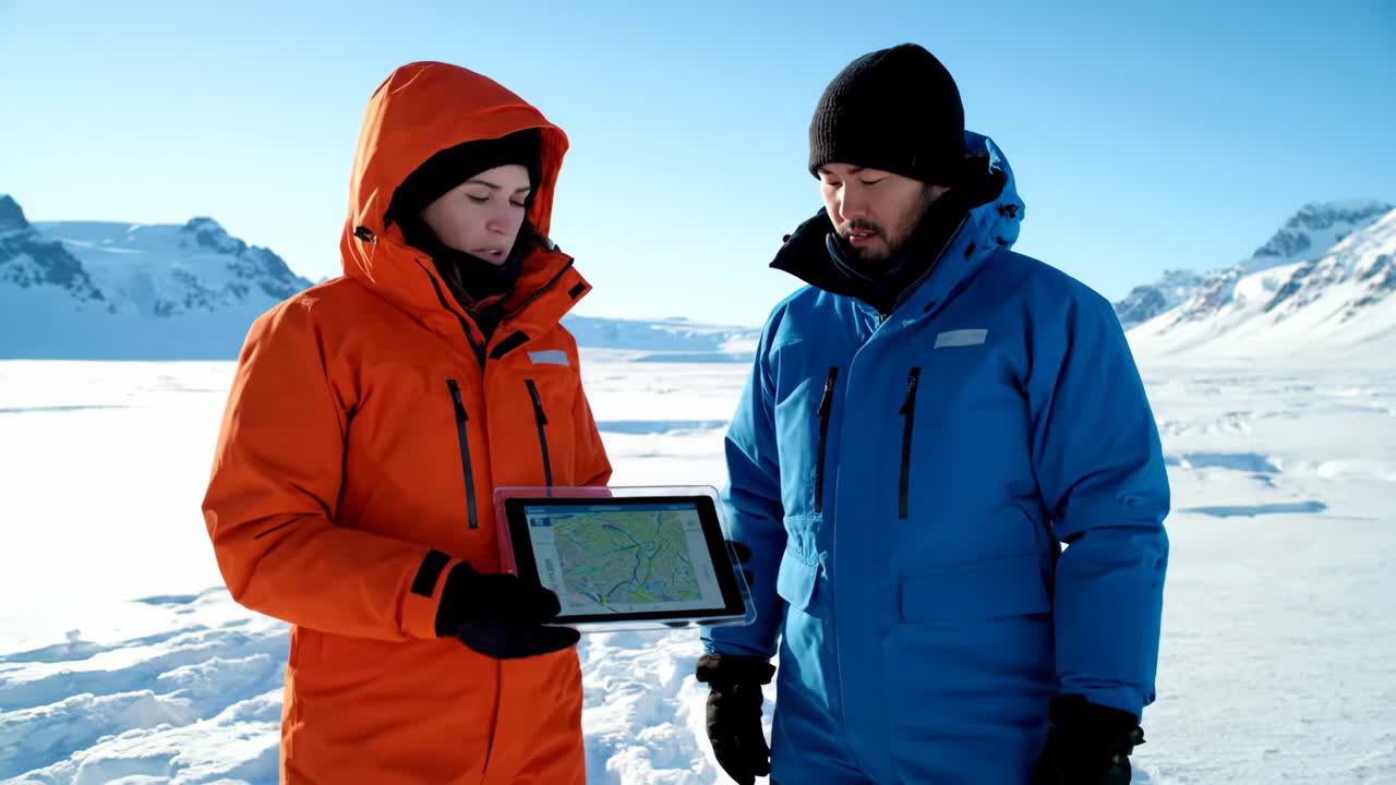 Explorers Using Tablet in Winter Landscape