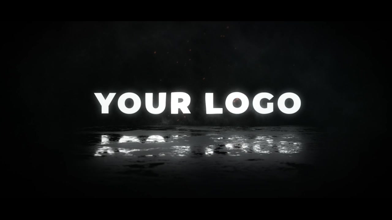 Potente animazione del logo con fuoco e fumo su superficie scura riflettente