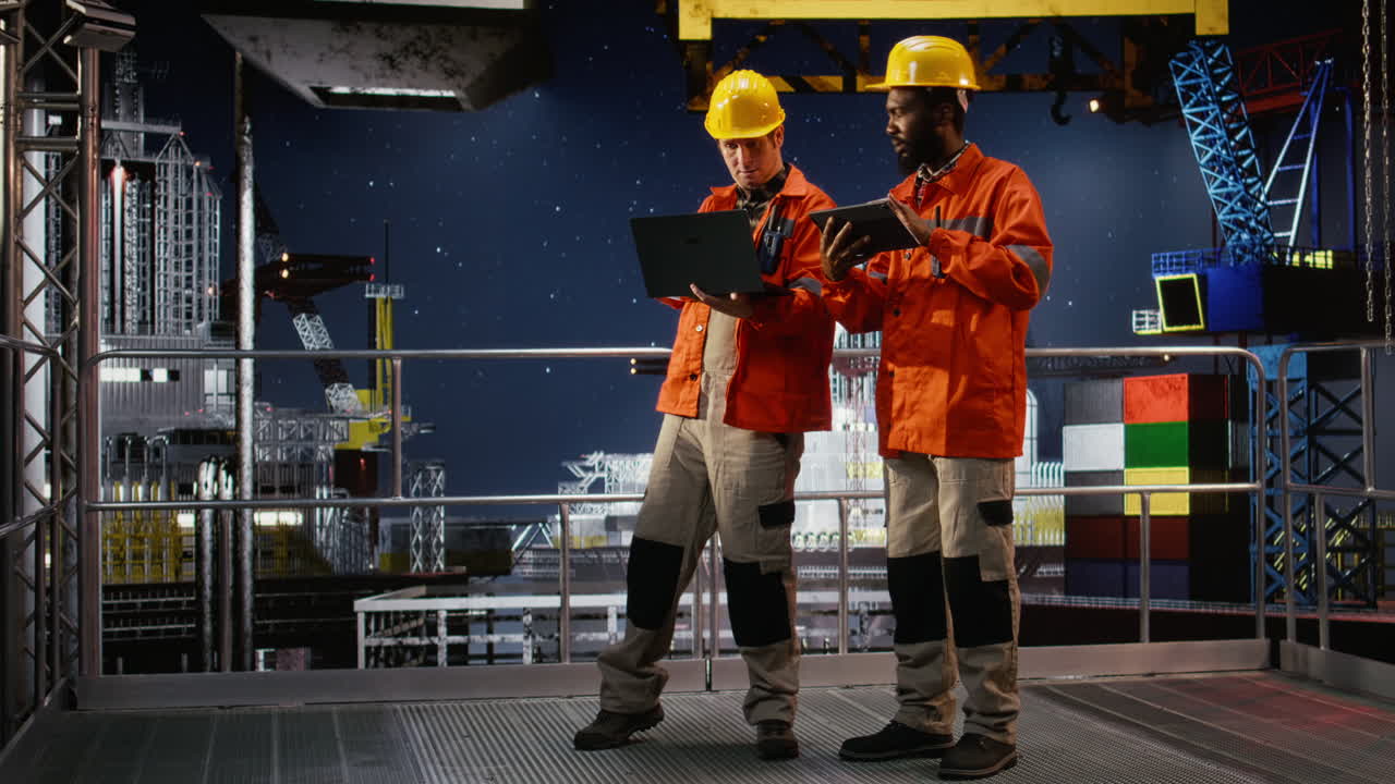Offshore diverse workers monitor drilling rig systems with laptop and tablet