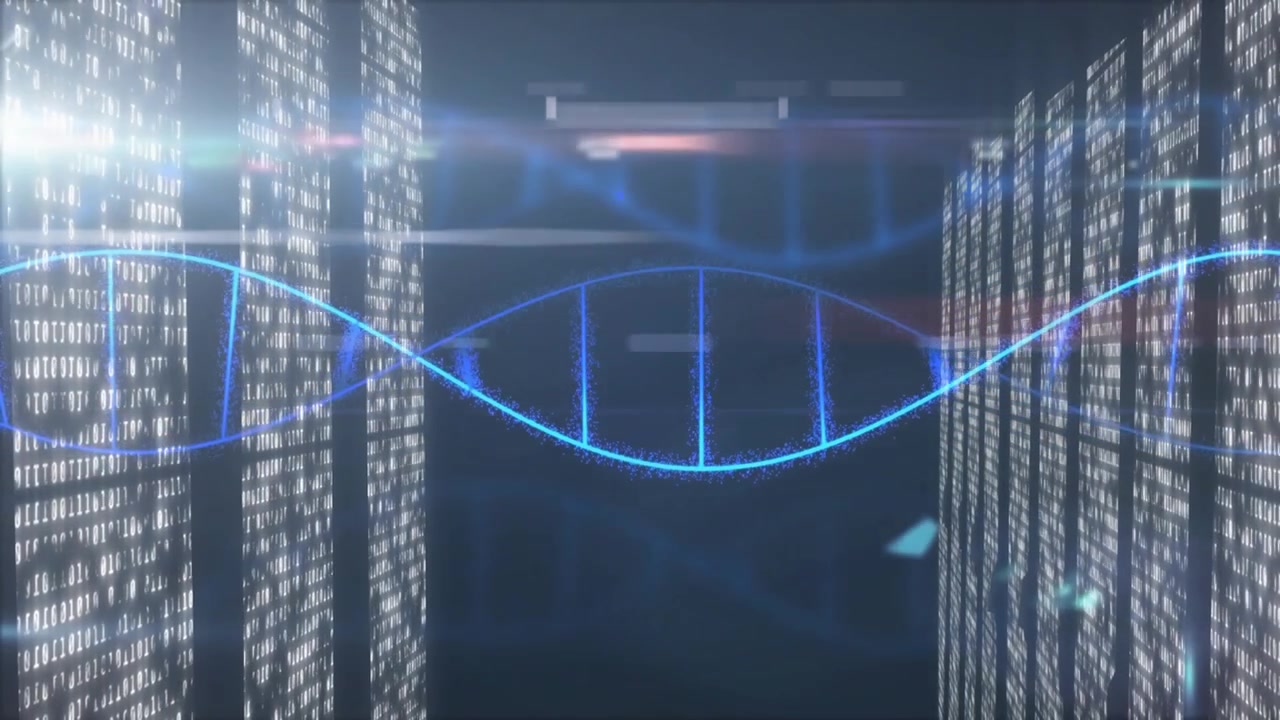 Binary code panels initiating glowing blue DNA helix expanding and centering for data visualization