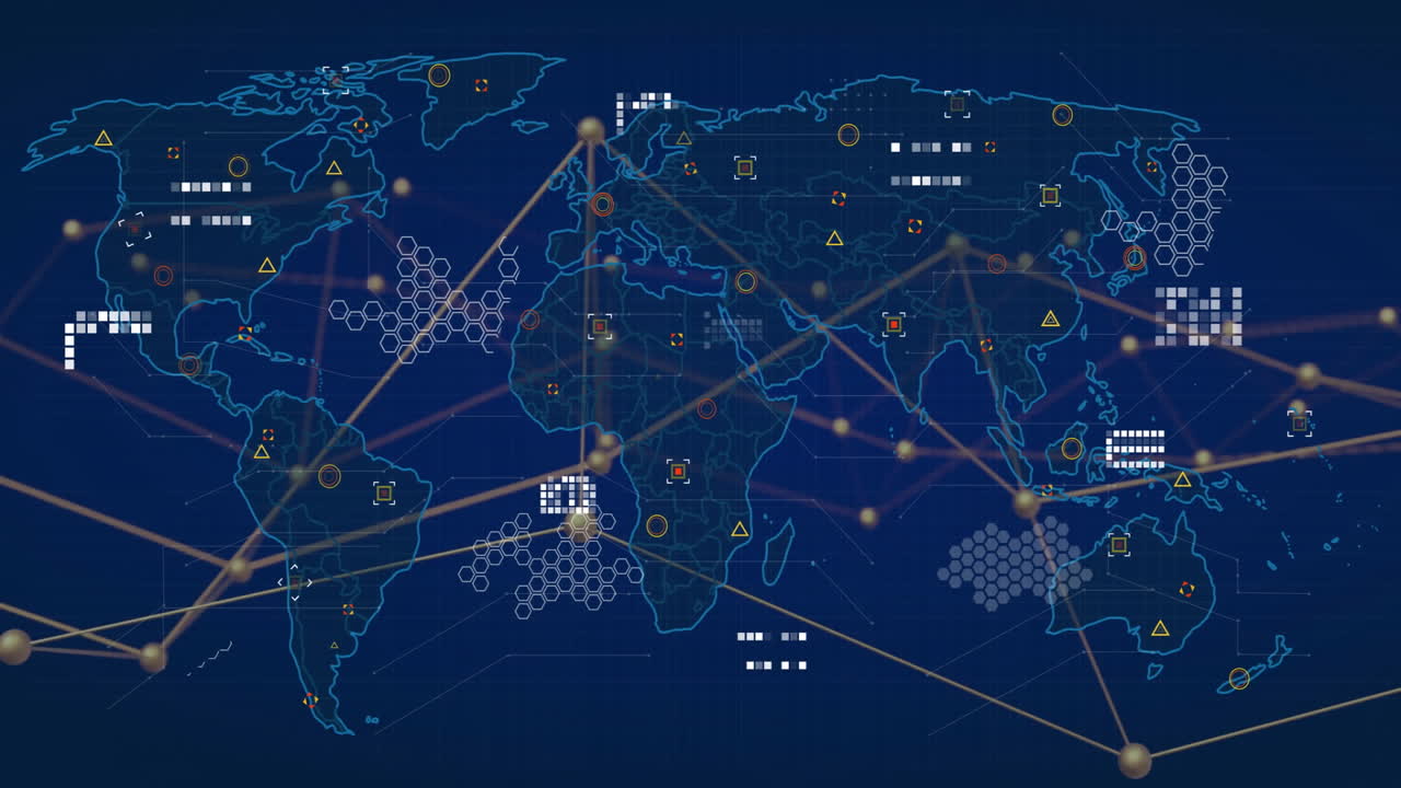 Digital world map showing network connectivity overlays featuring hex grid clusters  and  glowing no
