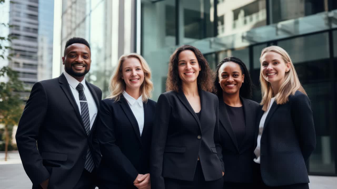 Group of professionals in suits smiling outdoors. Low-angle shot captures urban background