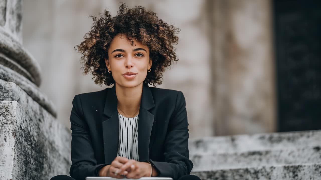 Confident Young Professional Woman with Curly Hair Smiling and Sitting on Steps, Capturing a Moment of Positivity and Determination in a Stylish Outfit