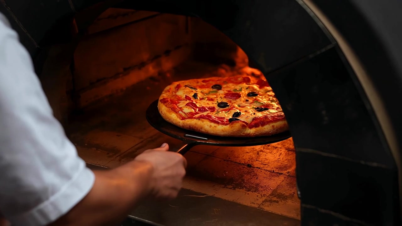 Mettendo la pizza sulla pala metallica, un cuoco in camicia bianca la fa scivolare nel forno della pizzeria, girando la pizza lontano dalla fiamma.