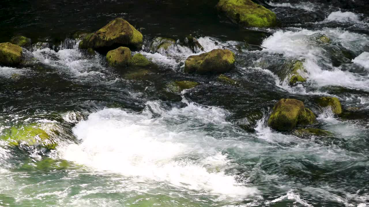 Fiume di montagna cristallino che scorre su rocce muschiose