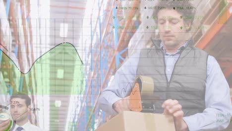 animation of statistical data processing over caucasian male worker packing a box at warehouse