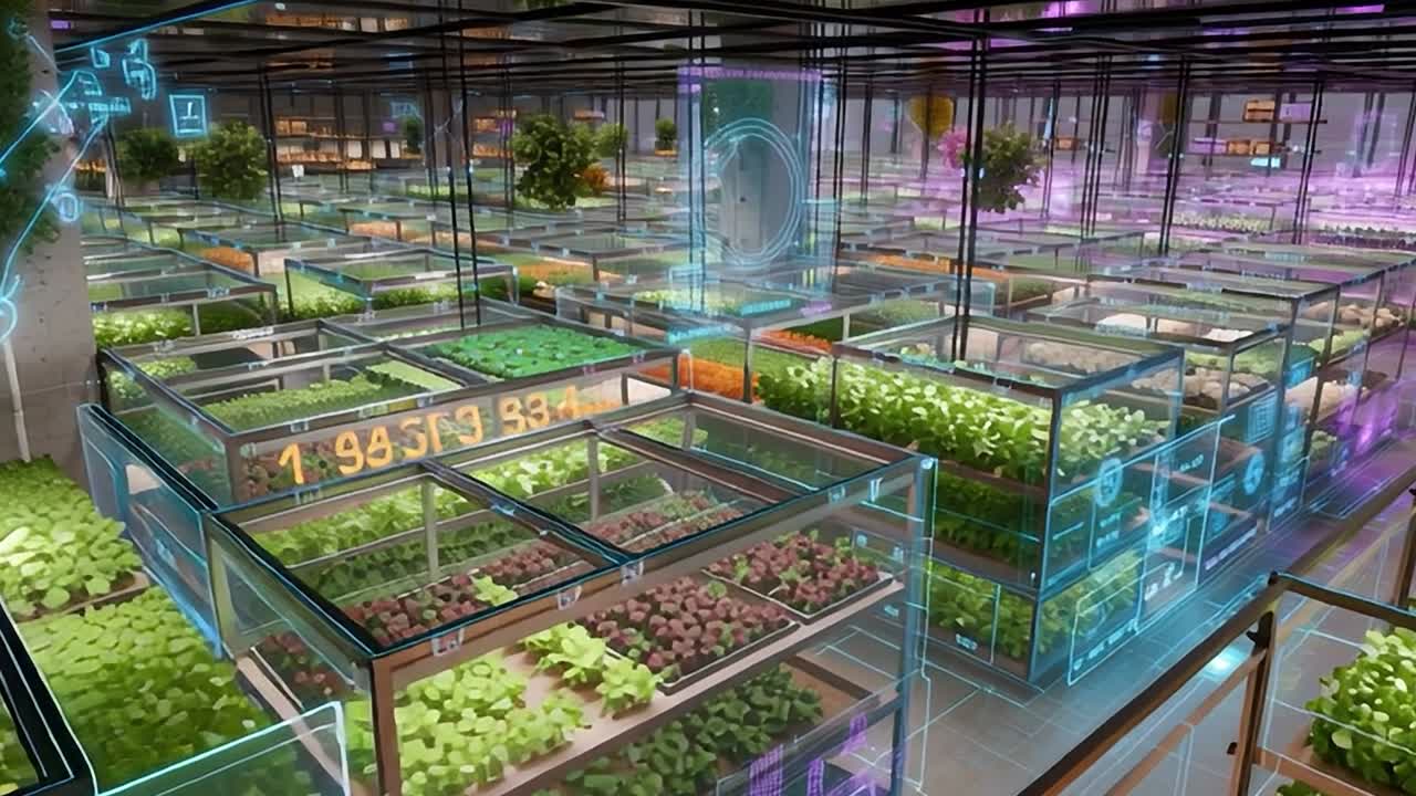 Fattoria indoor ad alta tecnologia con sistemi idroponici avanzati in funzione