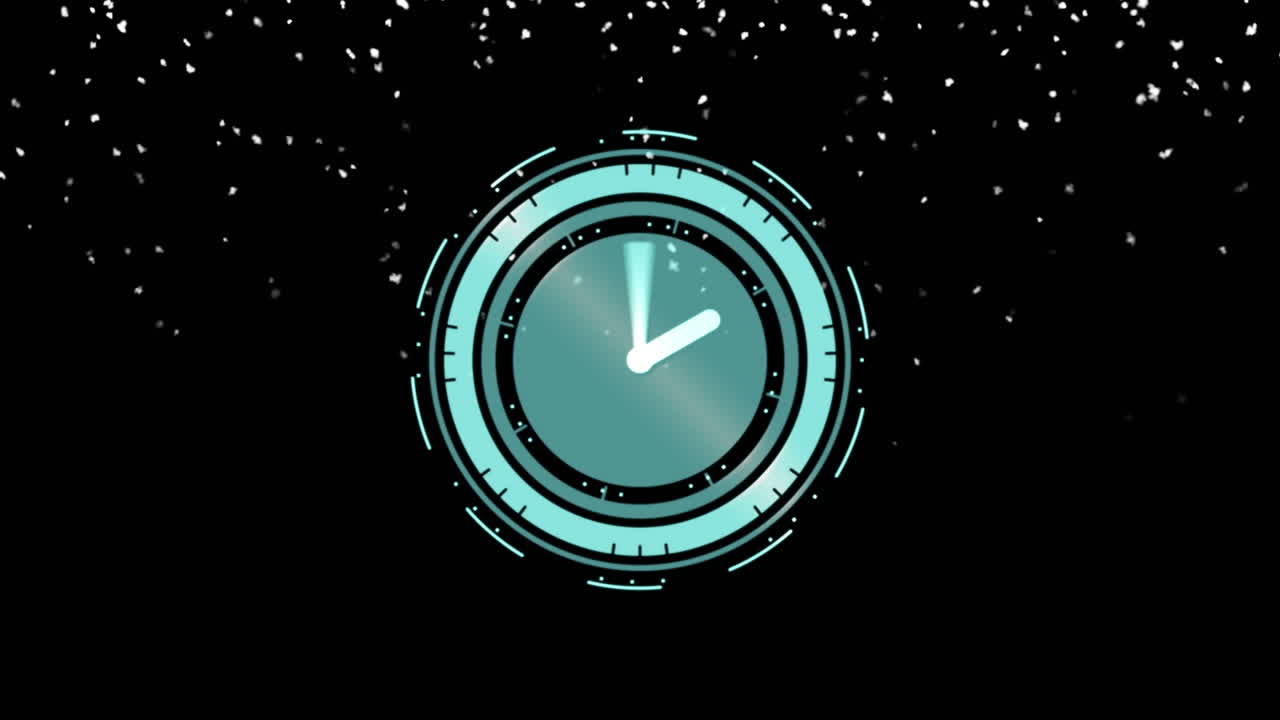 Animation of clock with moving hands over snow falling on black background