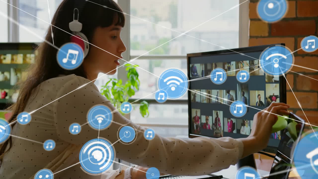 música y animación de conectividad inalámbrica sobre mujer trabajando en la computadora en la oficina