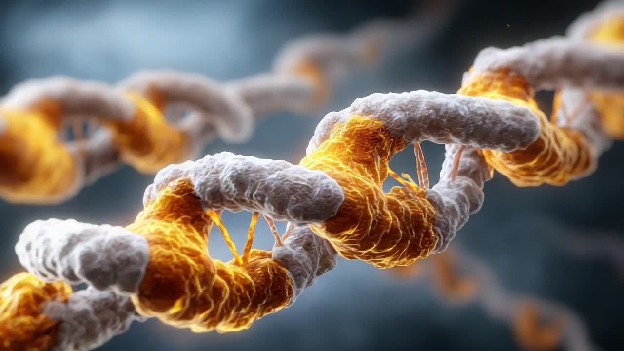 A Microscopic View of Intricate Molecular Structures: Exploring the Dynamic Interactions and Colorful Patterns of DNA and Proteins in a Scientific Visualization