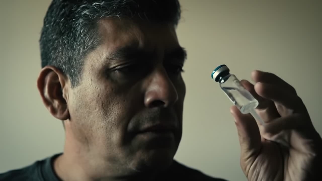 A Thoughtful Moment of Reflection: An Individual Contemplates a Vaccine Vial, Highlighting Personal Choices and Health in Uncertain Times