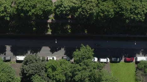 Shady-street-surrounded-by-trees-with-parked-cars-and-cyclists-riding-bicycles