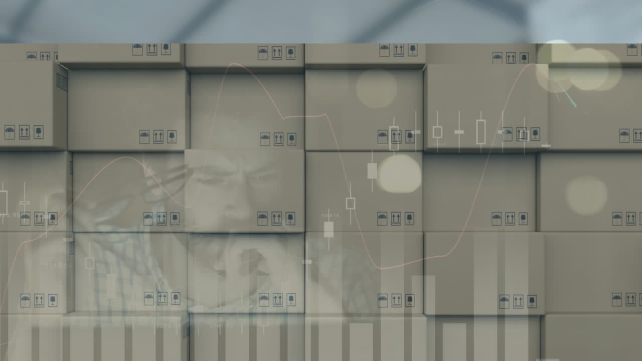 사무실에서 일하는 백인 남성에 대한 배달 상자 더미에 대한 통계 데이터 처리