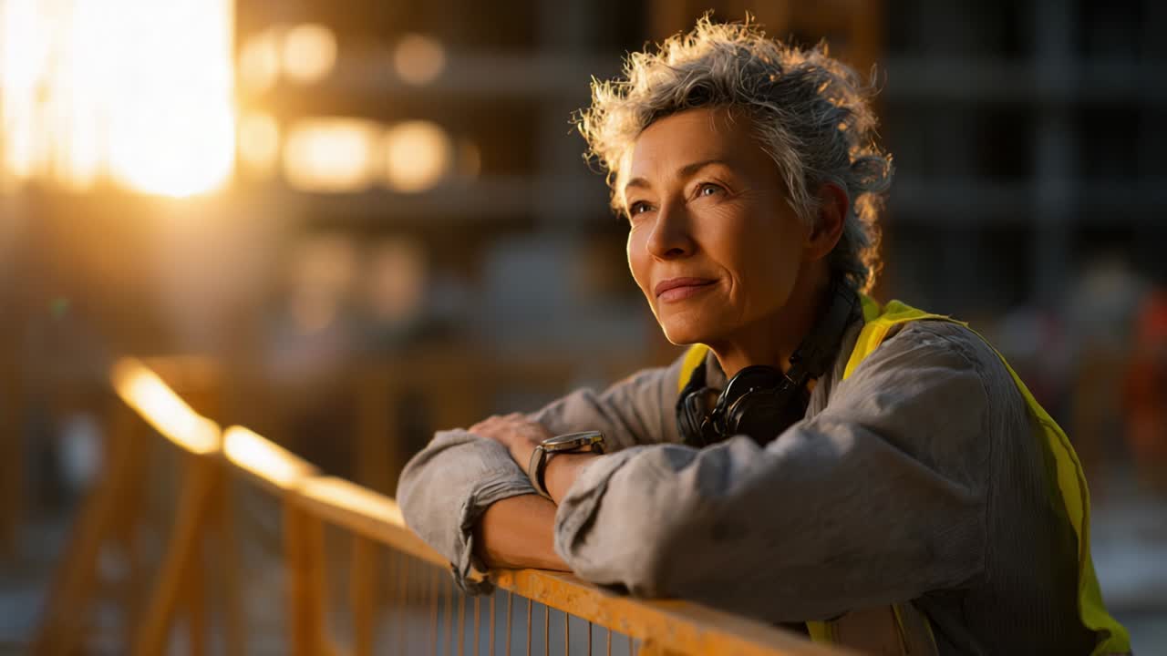 An introspective woman with curly gray hair looks toward the horizon, embodying inspiration and hope as the warm sunlight casts a golden glow in a construction site setting, symbolizing resilience and determination