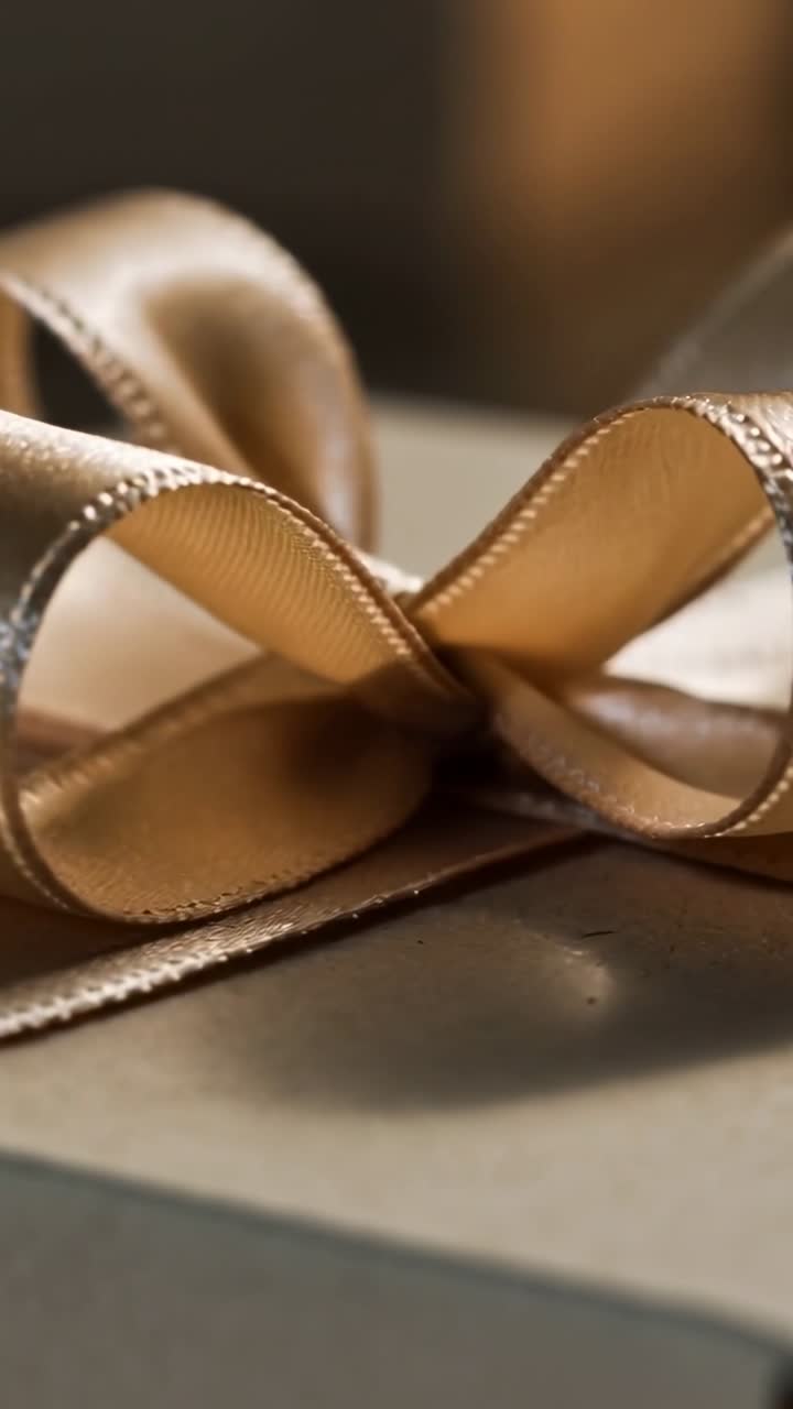 Vertical video: Opening frame capturing gold satin bow shifting focus on tabletop, showing gift box