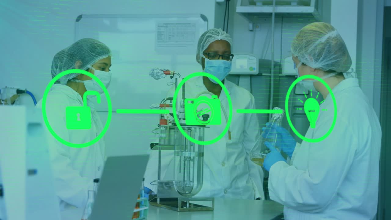 Lab team demoing reactor, right tech lifting flask activating lock-gear-bulb overlay showing safety