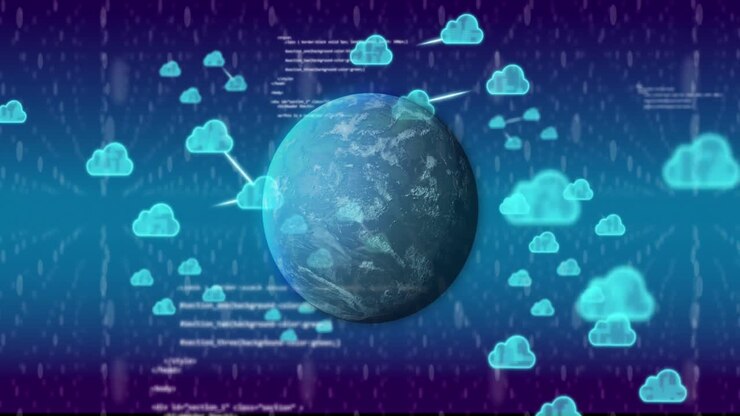 Animation of globe and data processing over network of icons