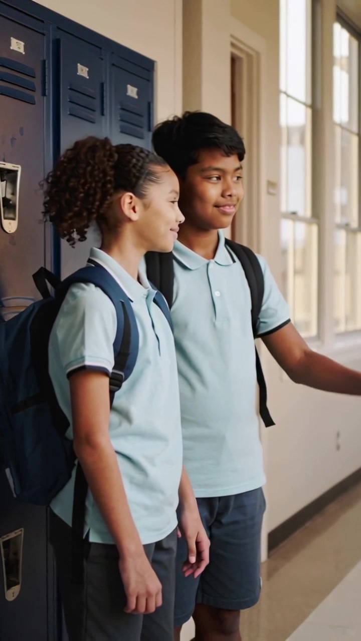 Vertical video: Spotting movement, boy pointing down hallway to show girl lockers, light blue polos