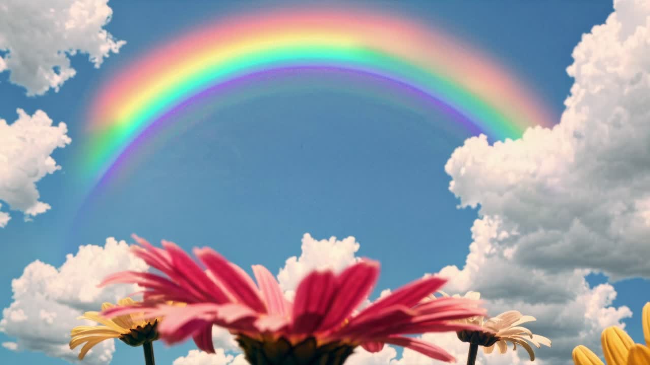 Un vídeo vibrante que muestra un arcoíris colorido que se extiende sobre flores florecientes con un cielo azul brillante