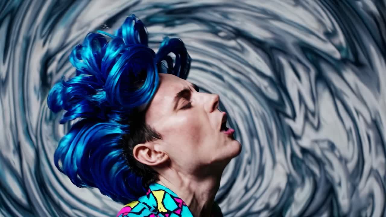 hombre con peluca azul gritando