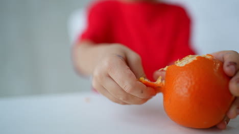 child's hands hold and peel an orange. close up. unrecognized baby holding a fruit. blurred backdrop.