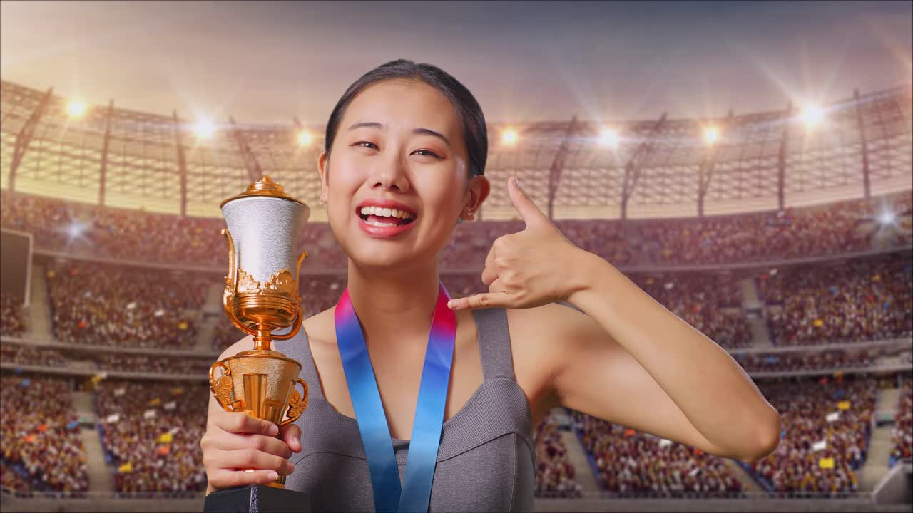 Woman celebrating a victory with a trophy and medal in a stadium
