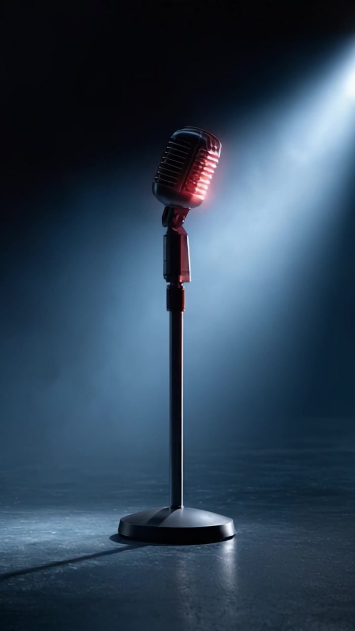 A Vintage Microphone on Stage Illuminated by Dramatic Lighting, Ready for Performance in an Atmosphere of Anticipation and Creative Expression