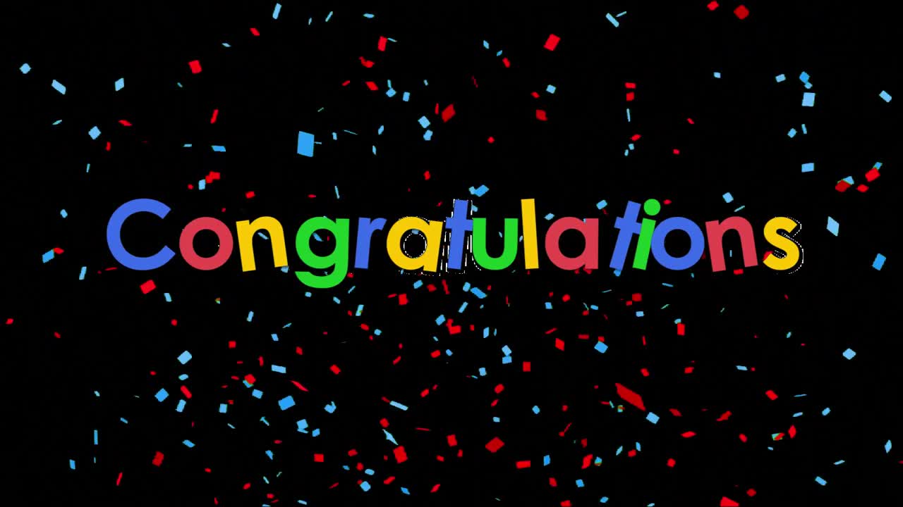 콘페티와 함께 검은색 배경에 쓰여진 축하