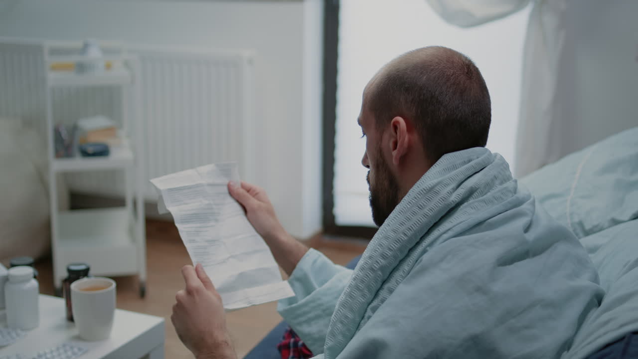 Adult with migraine reading paper with information