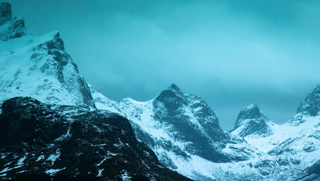 time lapse - snowy mountain lake in lofoten islands, norway, wide shot pan right