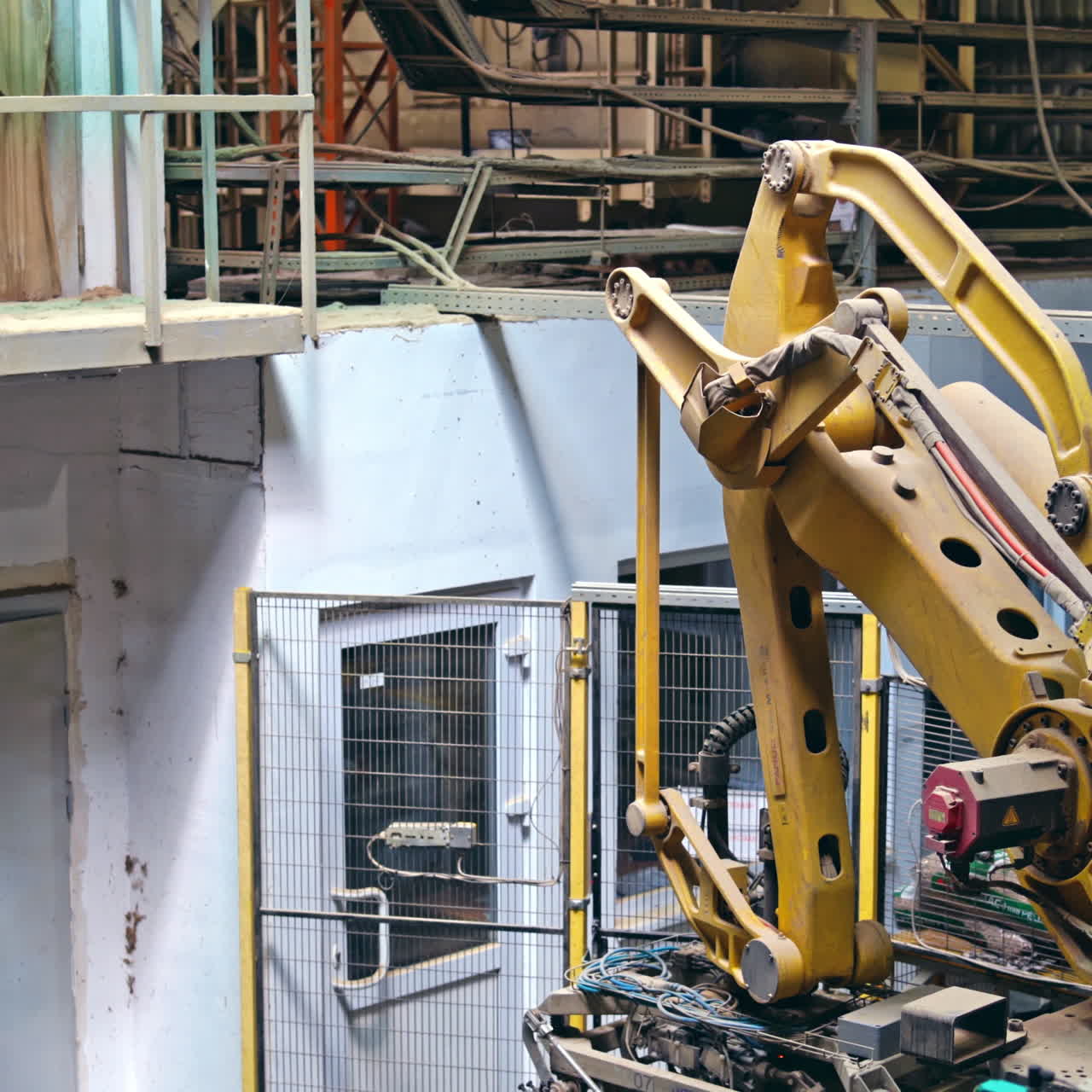 Mechanical robot with artificial intelligence sorts bags on the conveyor. Putting bags from line to the pallet. Process closeup.