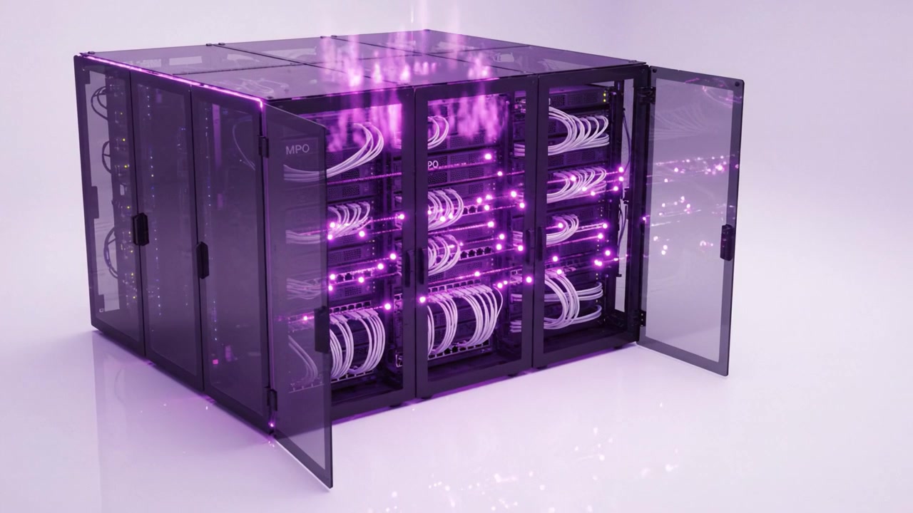 Et moderne serverrack, der viser højteknologisk kommunikationsudstyr med synlig kabling og et stilfuldt sort og lilla design, perfekt til datacenter-effektivitet