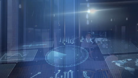 Marketers reviewing holographic charts in tech office, showing world map data points