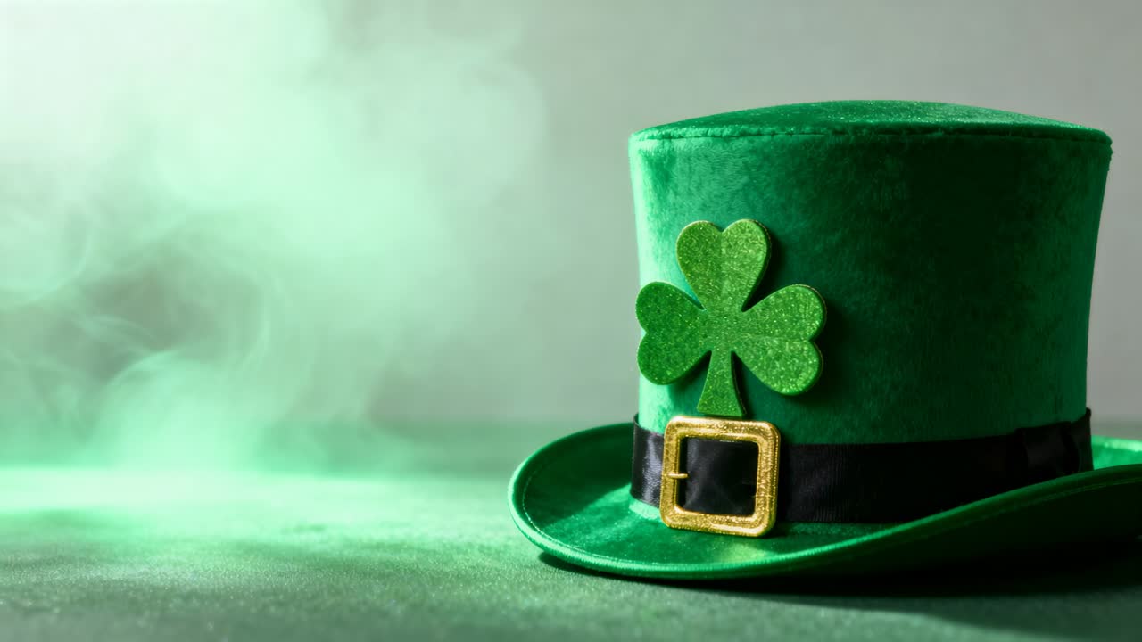 Fogger releasing mist, lights shifting on green-shamrock top hat in studio for ad, copy space