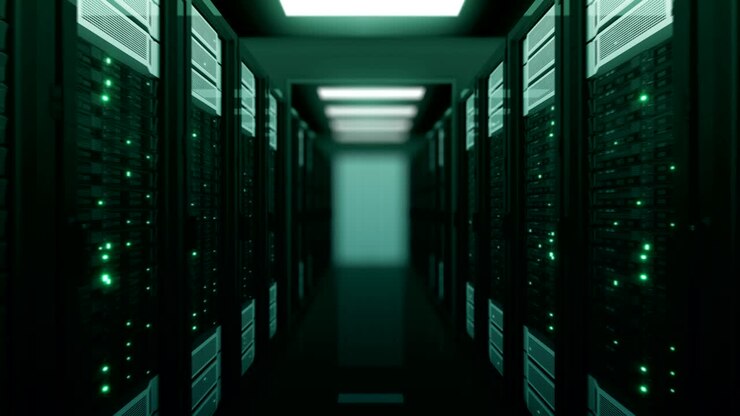 Seamless Flight Through the Server Racks Green Color in Data Center DOF Blur. Beautiful Looped 3d Animation with Flickering Computer Lights. Modern Electronics Technology Concept.