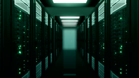 vuelo sin problemas a través de los racks de servidores color verde en el centro de datos dof borroso hermosa animación en bucle 3d con luces de computadora parpadeantes concepto de tecnología electrónica moderna.