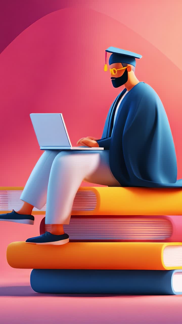 Una moderna figura accademica seduta su libri colorati mentre usa un laptop, che simboleggia la fusione tra istruzione e tecnologia in uno stile grafico vivace