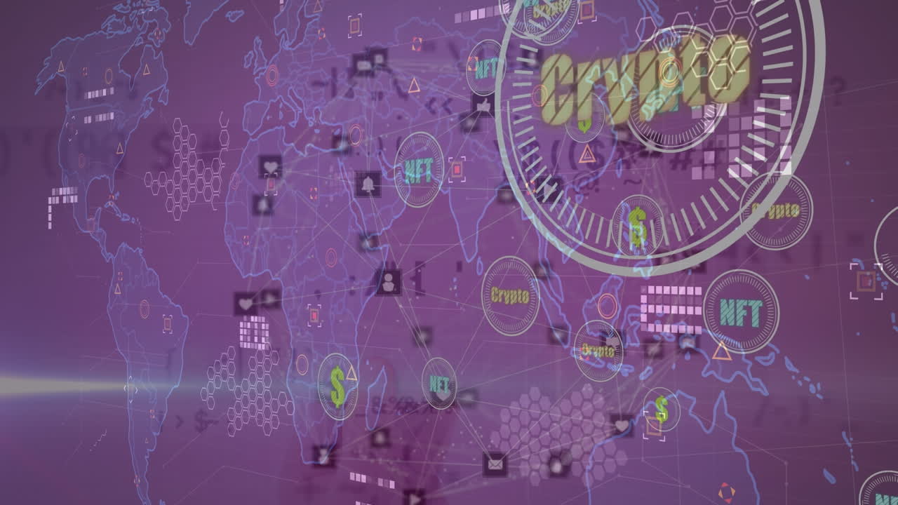 Animazione di elaborazione dati con un globo di connessioni su uno scanner che esegue la scansione con simboli di valuta.