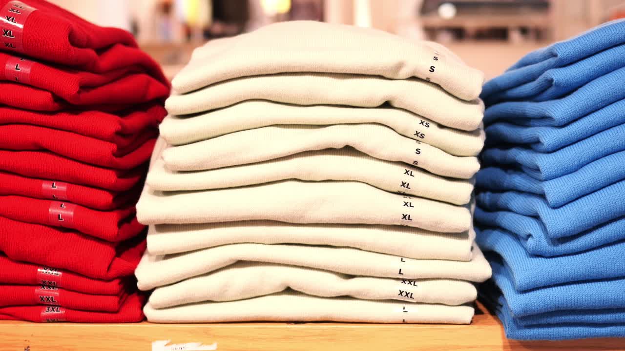 전시 된 옷 을 쌓아 놓은 것