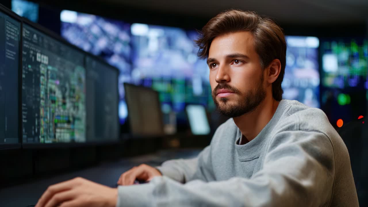Giovane professionista concentrato che analizza i dati su più monitor in un moderno ambiente di sala di controllo con tecnologia avanzata e interfacce digitali