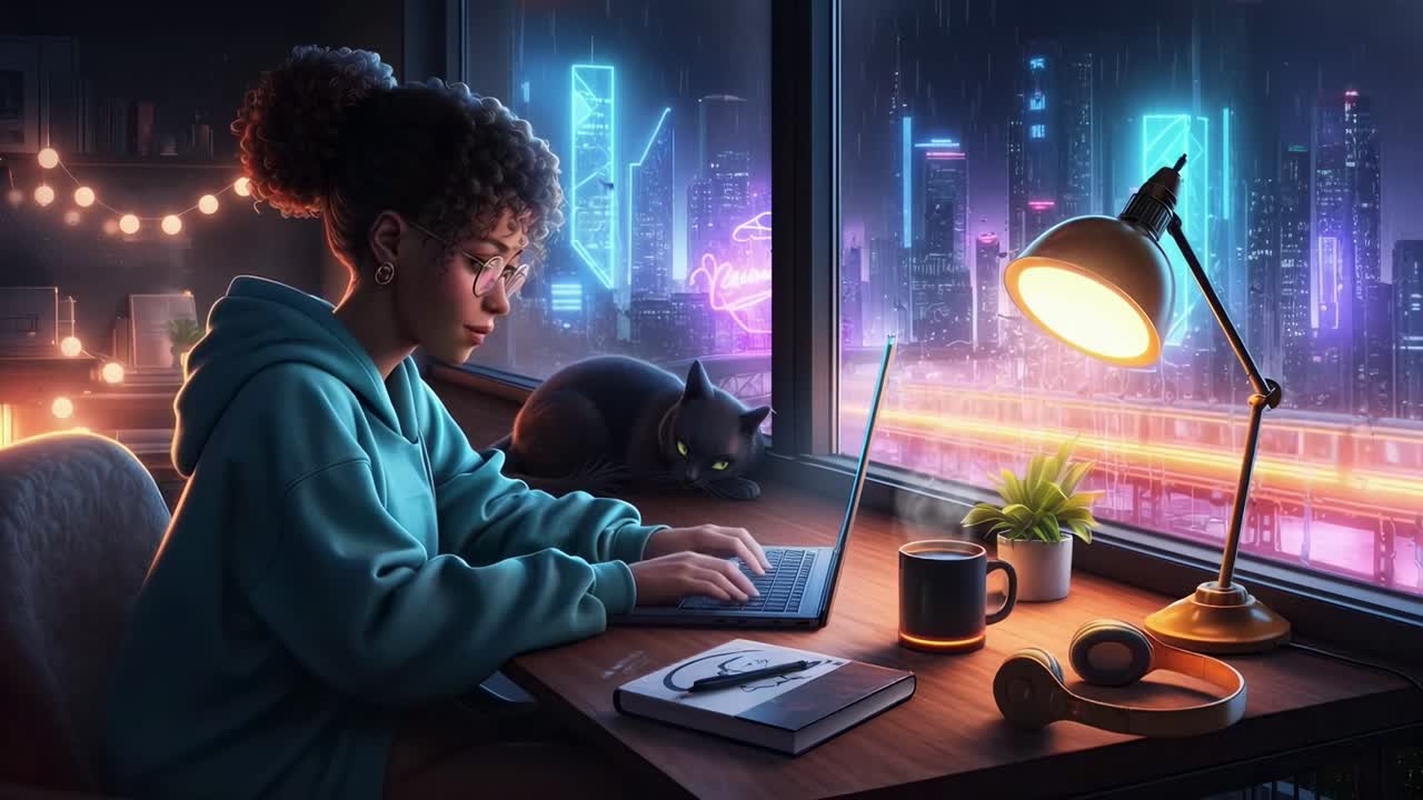 Cozy video call scene with a side angle view, neon cityscape, and warm lighting