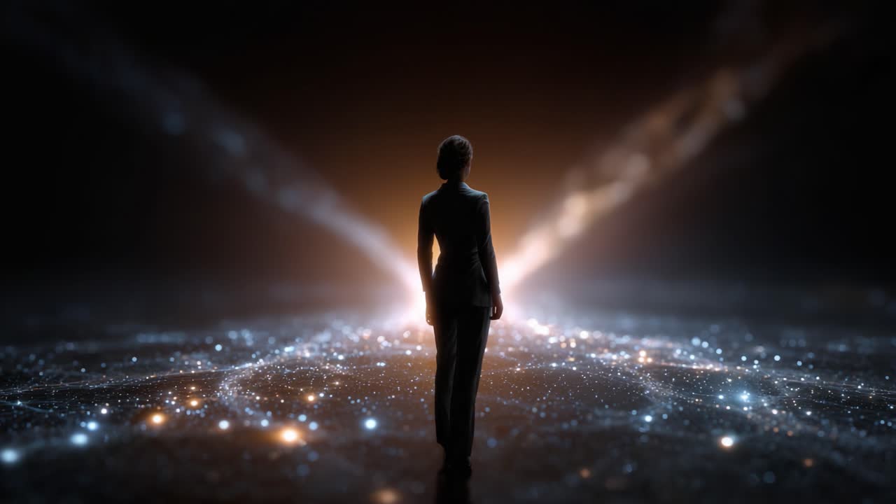 A silhouette figure stands in a cosmic space illuminated by a radiant expanse of stars, representing a journey into the unknown and the vastness of the universe