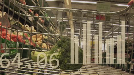 animation of statistics and data over vegetables in baskets in supermarket