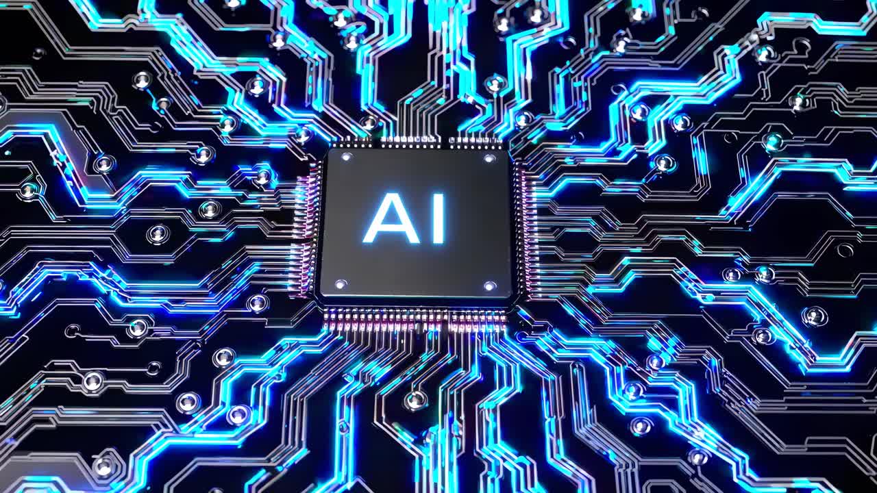 Aerial view of a glowing AI microchip on a circuit board, highlighting futuristic technology