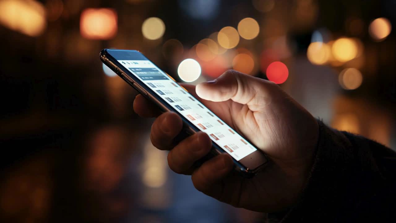 Human Hand Using Smartphone at Night with City Bokeh Lights Cinematic Video